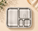 Stainless steel divided kids plate with duck engraving — flat lay